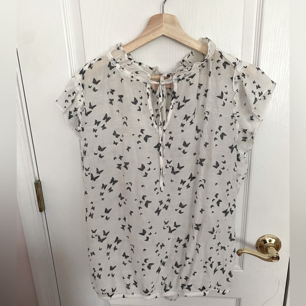 White blouse with gray butterfly print
